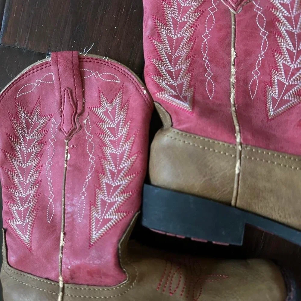 Roper Kids Pink Tan Faux Leather Western Cowboy Boots Size 12